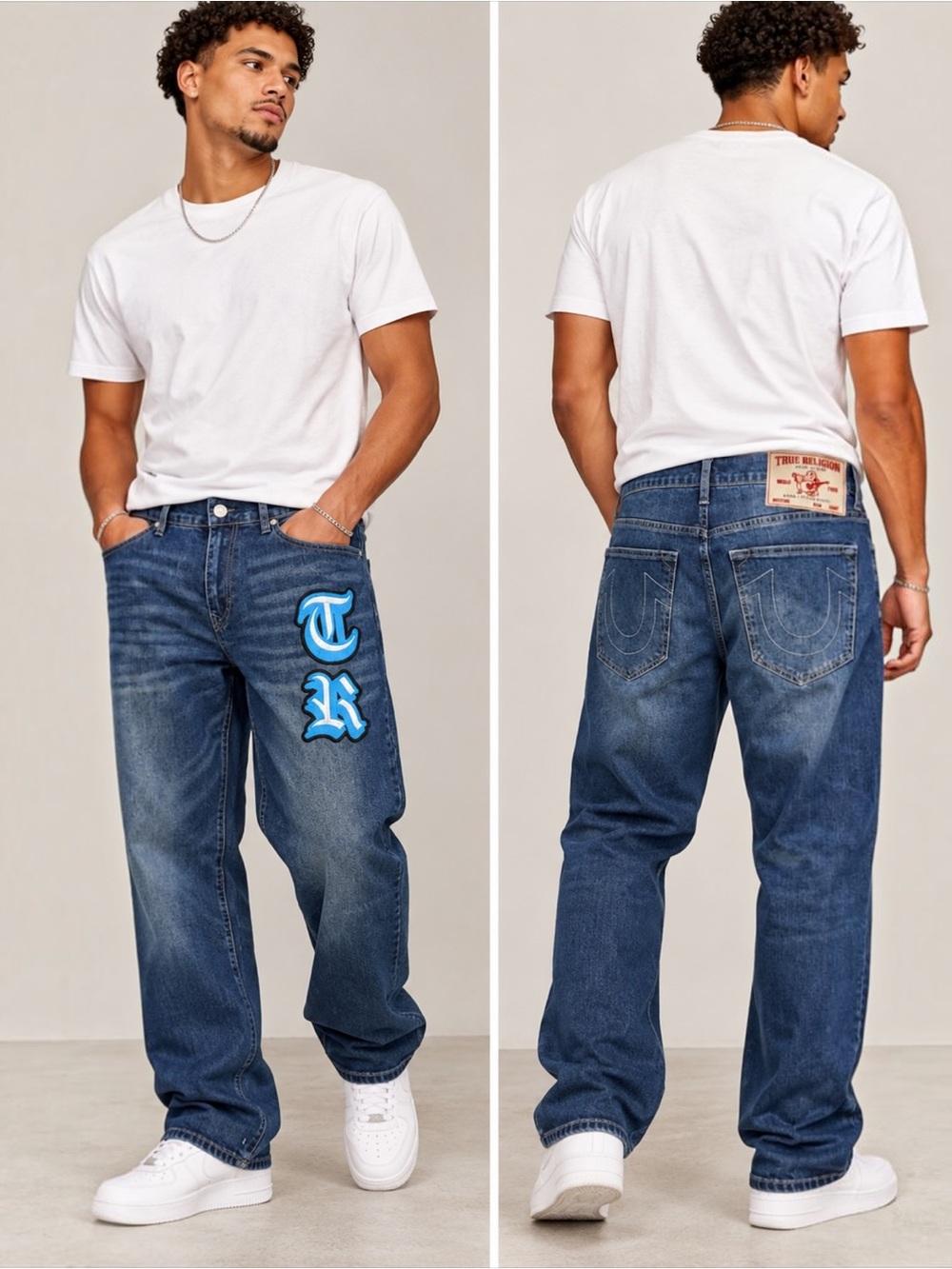 True Religion Bobby Applique Baggy Jeans Men 34 Medium Blaze Wash NWT